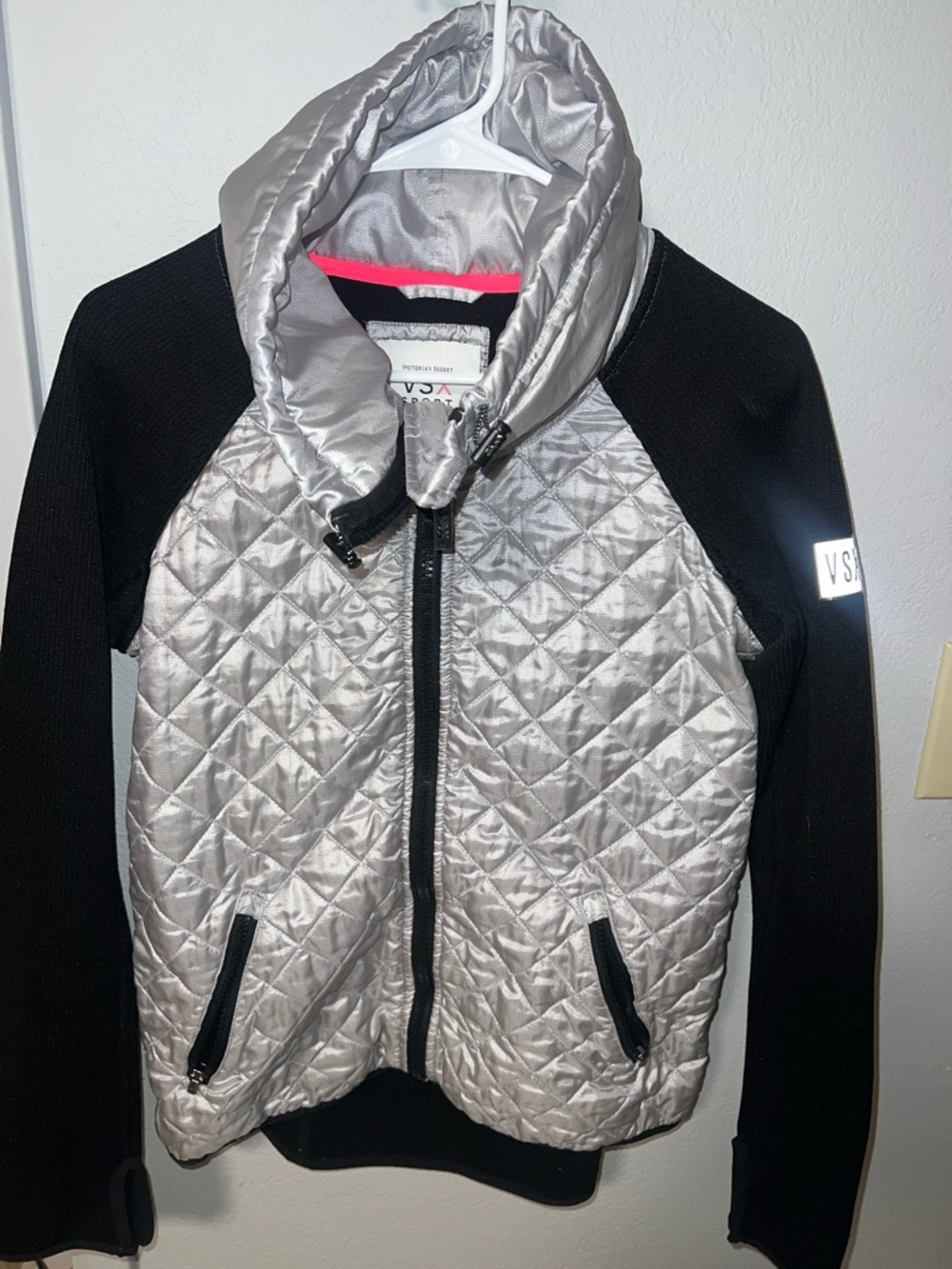 Victoria's Secret Silver Quilted Jacket with Black Sleeves